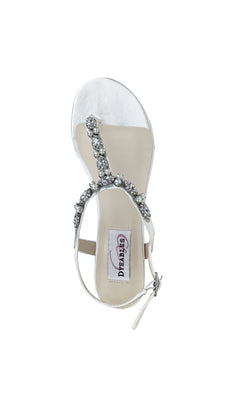The Stella White Satin Flat Sandal Prom Shoes (Dyeables 4377) feature open toes, rhinestone-embellished straps, an ankle buckle closure, and a neutral insole—an elegant choice for prom or evening events.