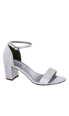 The Summer White Lace and Satin Prom Shoes: Dyeables 4258 feature a white open-toe block heel, ankle strap, and single front strap—perfect as white prom shoes. Displayed on a plain white background.