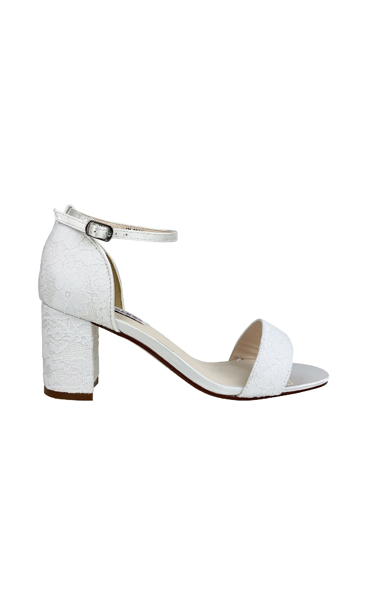 Summer White Lace and Satin Prom Shoes: Dyeables 4258—these open-toe block heels feature a lace texture on the heel and toe strap, with an ankle strap and buckle. Perfect white prom shoes for any special occasion.
