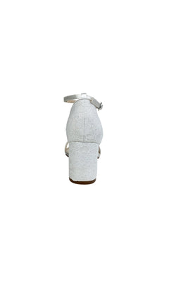 Rear view of Dyeables 4258 Summer White Lace and Satin Prom Shoe, featuring an ankle strap, textured pattern, and block heel, shown against a plain white background.