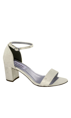 The Summer White Lace and Satin Prom Shoes: Dyeables 4258 features an open-toe block heel, ankle strap with silver buckle, and subtle floral pattern—ideal as elegant white prom shoes or stylish block heel prom shoes for special events.