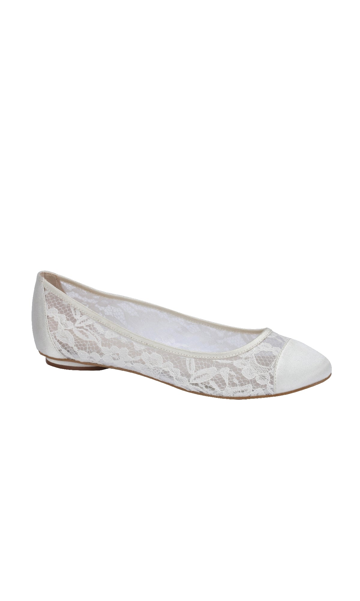 The Sweetie Ivory Lace Prom Shoe Flats by Paradox London (P1612) feature a closed toe and thin sole, shown in profile on a white background—an elegant slip-on, perfect for prom.