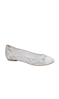 The Sweetie Ivory Lace Prom Shoe Flats by Paradox London (P1612) feature a closed toe and thin sole, shown in profile on a white background—an elegant slip-on, perfect for prom.