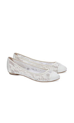 The Sweetie Ivory Lace Prom Shoe Flats by Paradox London (P1612), featuring closed toes and low heels, are elegantly styled and displayed side by side on a white background.