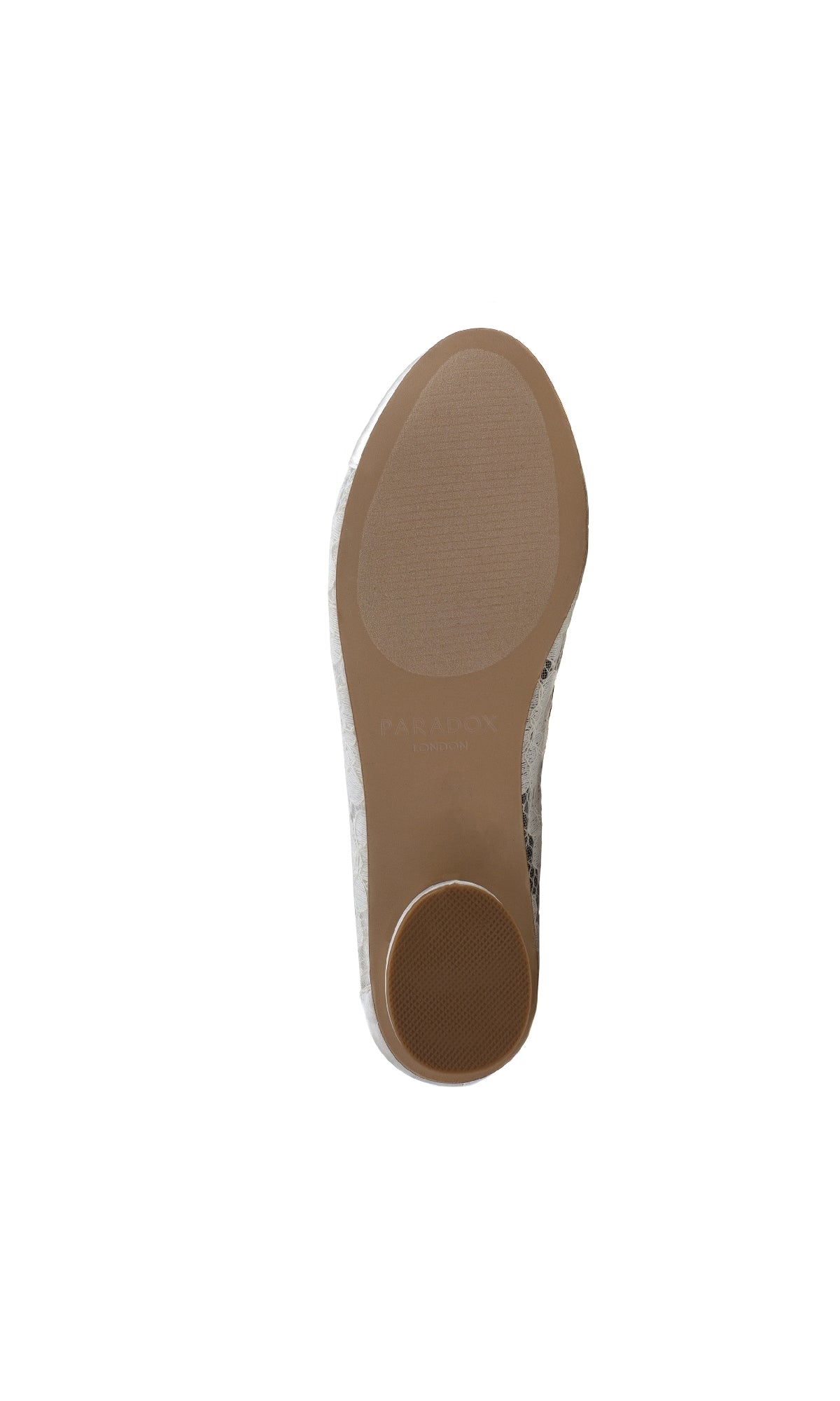 The image shows the sole of the Sweetie Ivory Lace Prom Shoe Flats by Paradox London P1612, featuring a textured circular heel and oval-shaped ball in light brown, with a smooth finish on the rest of the closed-toe slip-on.