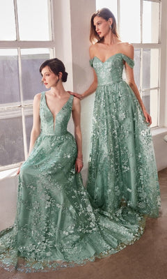 Two women showcase the Amoris T606 Embroidered-Lace Long Prom Dress in light green by large windows—one seated in a deep V-neckline, the other standing in an off-shoulder sweetheart style.