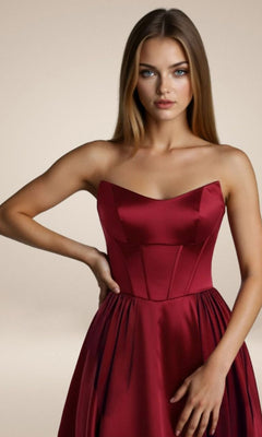 A woman with long straight hair wears the Simple Strapless Long Prom Dress: Amoris T612 in red satin, standing against a plain beige background.