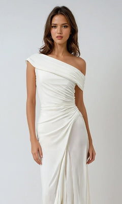 Long White One-Shoulder Prom Dress with Ruching White / 2