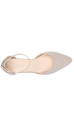 Top view of the Tegan Champagne Shimmer Prom Shoes by Touch Ups (4664), a beige pointed-toe flat with a single ankle strap and textured fabric, perfect for prom.