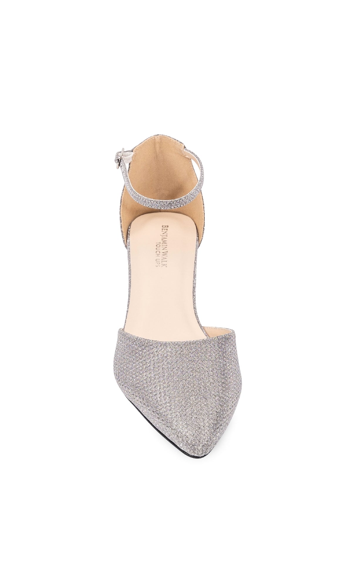 The Tegan Silver Shimmer Prom Shoes (Touch Ups 4665) are stylish d'Orsay flats with ankle straps, pointed toes, and a low heel—perfect for making a chic statement at any special event.