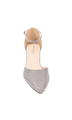 The Tegan Silver Shimmer Prom Shoes (Touch Ups 4665) are stylish d'Orsay flats with ankle straps, pointed toes, and a low heel—perfect for making a chic statement at any special event.