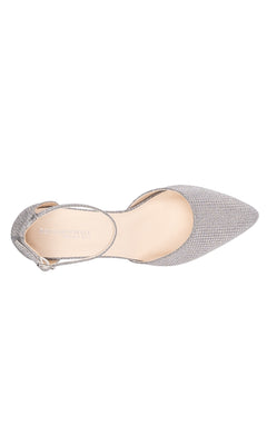 The Tegan Silver Shimmer Prom Shoes (Touch Ups 4665) feature a single pointed-toe women's flat with closed toe, open sides, and an ankle strap—an elegant choice for any occasion.