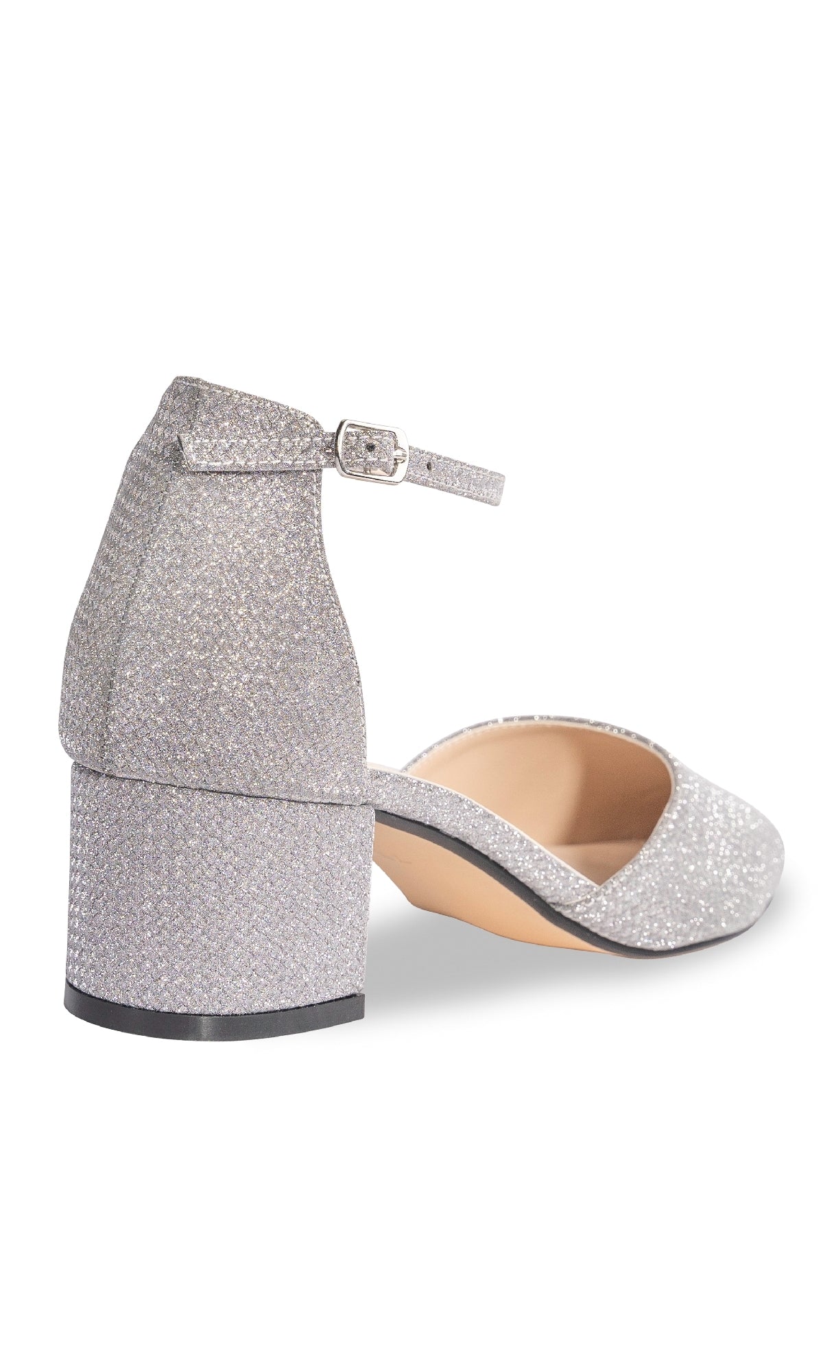 The Tegan Silver Shimmer Prom Shoes (Touch Ups 4665) feature a glitter block heel, ankle strap, and pointed toe—stylish closed-toe prom shoes shown from the rear on a white background. Perfect for adding sparkle to your special night.