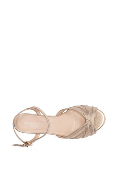 Top view of Paradox London P2306 "Theresa" Champagne Prom Shoe—a gold strappy low-heel sandal with knotted toe detail, ankle strap with buckle, and visible insole branding.