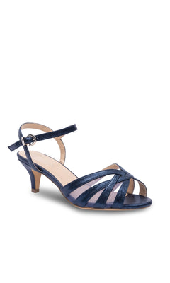 Theresa Navy Blue Prom Shoes: Paradox London P2307 are strappy heeled sandals with an ankle strap, open toe, and low heel, shown against a white background.