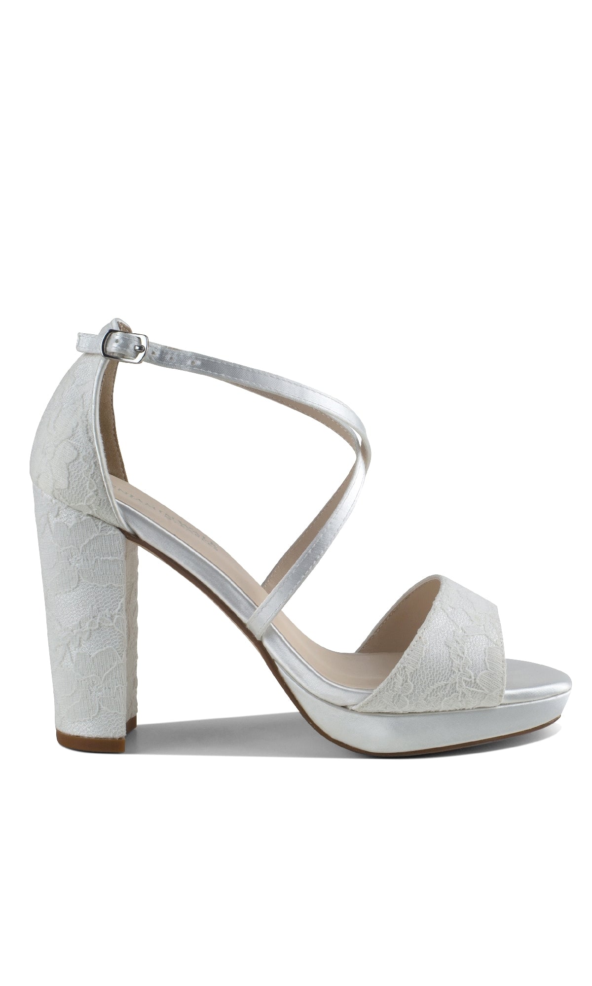 Violet White Lace Prom Shoes: Dyeables 4611 features a lace-textured high heel with an ankle strap and block heel, shown on a plain background.
