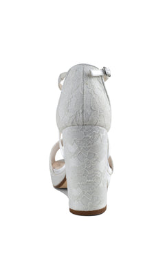 Rear view of Violet White Lace Prom Shoes: Dyeables 4611, featuring high heels, an ankle strap, delicate lace detailing, and a closed heel, photographed against a plain white background.