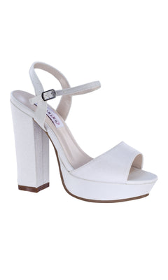 Whitta White Crepe Prom Shoes: Dyeables 4350—stylish block heels with open toe, ankle strap, and buckle closures—photographed on a white background.