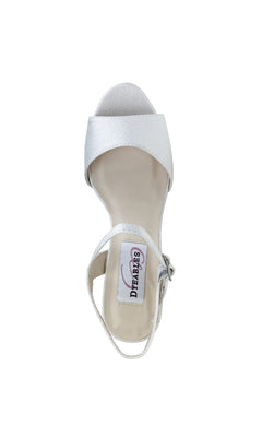 Top view of Whitta White Crepe Prom Shoes (Dyeables 4350): a white open-toe sandal with ankle strap, buckle closure, branded insole, and chic block heels—perfect for prom.