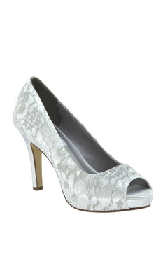 The Winter White Lace and Satin Prom Shoes: Dyeables 32914 feature white lace satin, an open toe, slim heel, and closed back—perfect elegant prom shoes—shown against a plain white background.