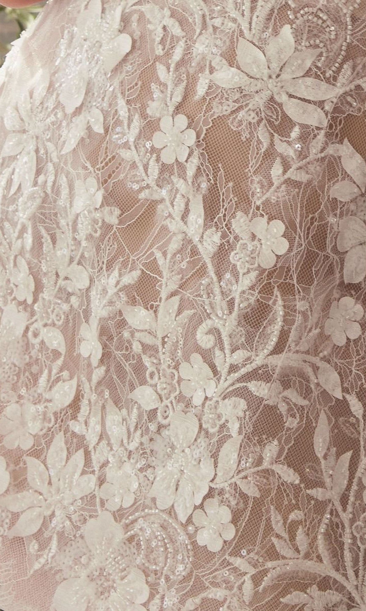 Close-up of white floral lace embroidery with sequins and appliques on sheer nude fabric—ideal for the Short White Dress: Andrea and Leo WL084.