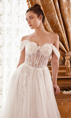 Sheer-Bodice Long Off-White Ball Gown