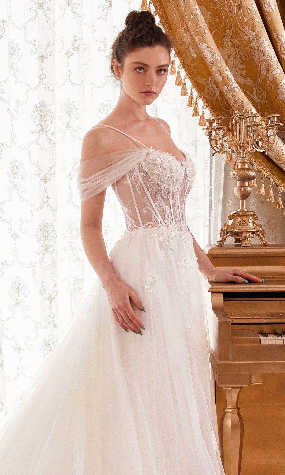 Sheer-Bodice Off-White Ball Gown WN307