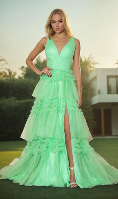 Long V-Neck Prom Dress with Ruffled A-Line Skirt Light Green / XLarge