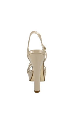 A rear view of the Wren Nude Metallic Prom Shoes by Touch Ups (4503), featuring a strappy high-heeled sandal design with an ankle strap and platform sole, shown against a white background.