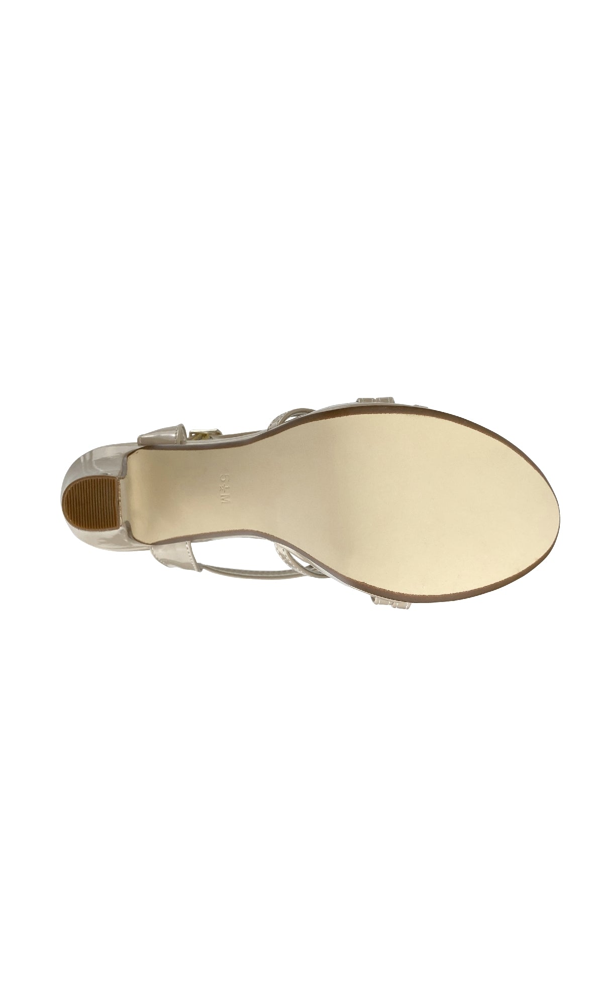 Bottom view of the Wren Nude Metallic Prom Shoes (Touch Ups 4503), a women's sandal with translucent strappy design, beige sole, and low block heel.