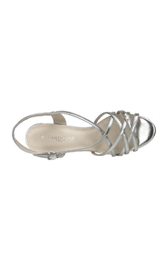 Top view of the Wren Silver Metallic Prom Shoes (Touch Ups 4504) with a strappy open-toe design, metallic silver finish, and slingback strap. "Touch Ups" branding is visible on the insole.