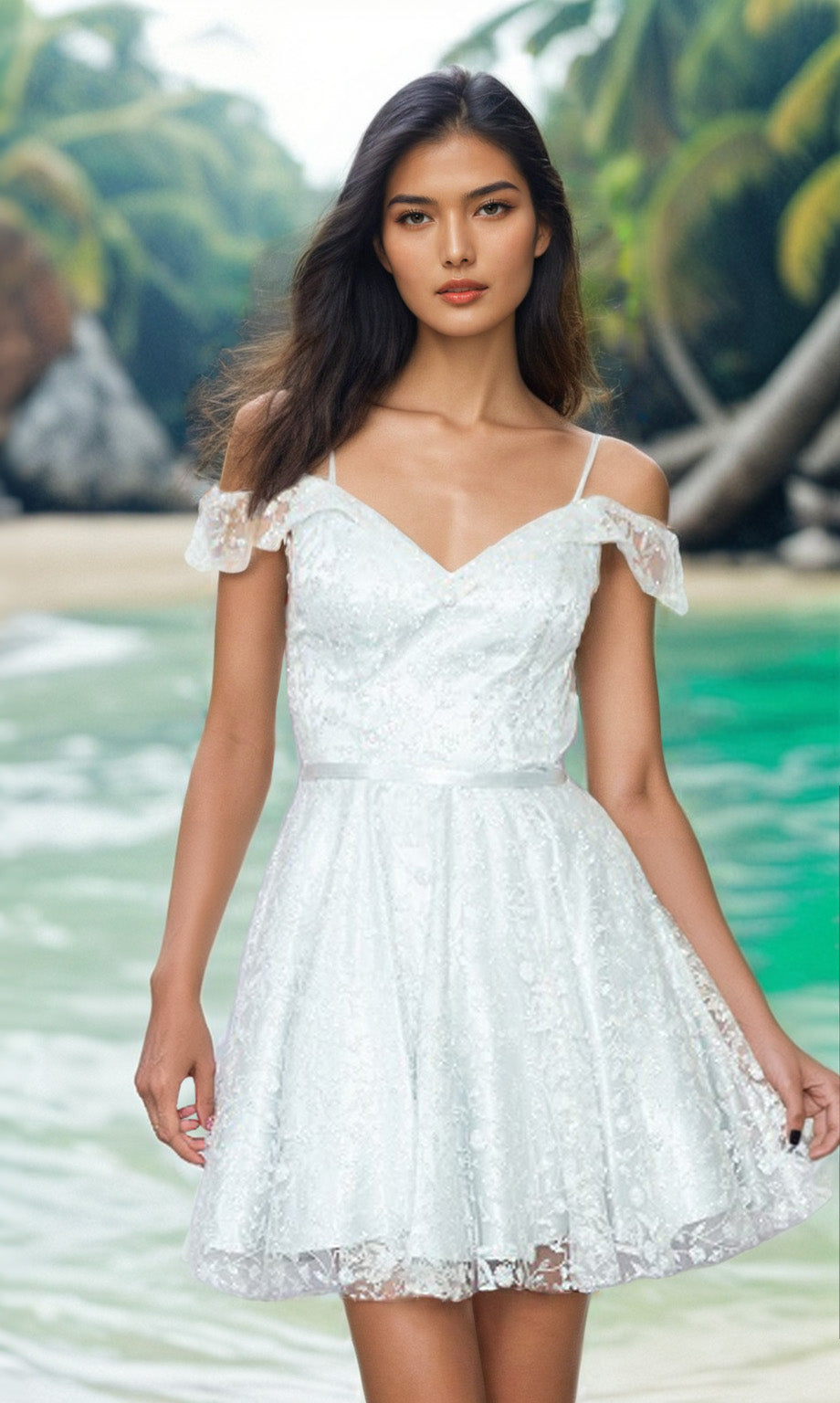 A woman in the Cold-Shoulder Glitter Homecoming Dress 9198 in Cold Ice stands on a tropical beach, with palm trees and turquoise water in the background.