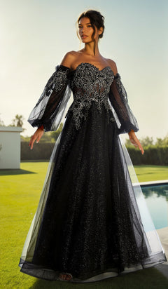 A woman poses outdoors in the Chicas CHF3093 Long Sleeve Long A-Line Prom Dress, featuring a glittery embroidered bodice and sheer embellished sleeves. A green lawn and pool create a stunning backdrop.