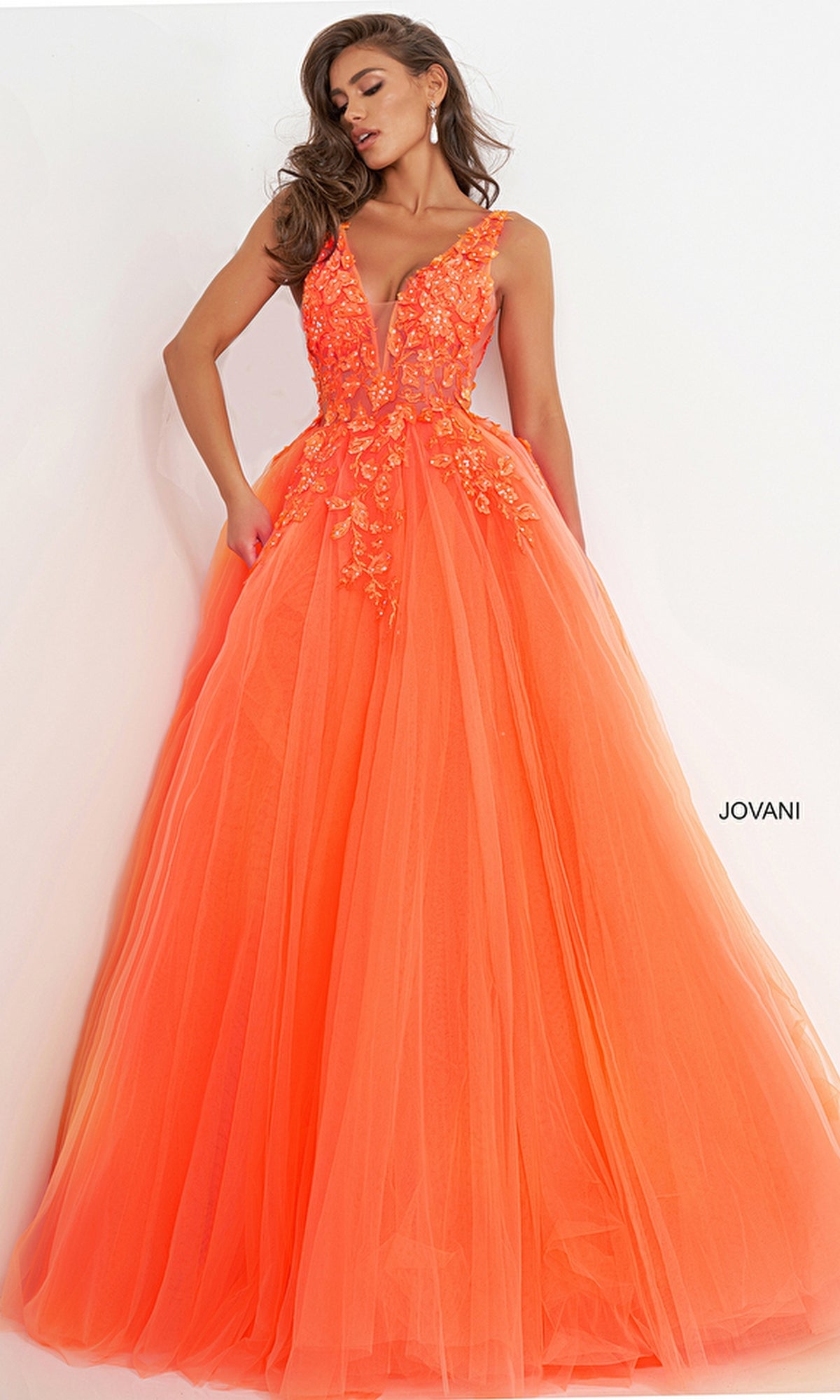 Jovani Sheer Prom Ball Gown with Floral Appliques