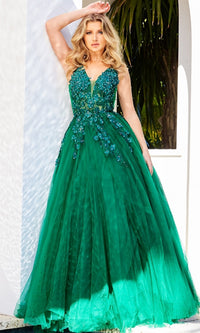 Jovani Sheer Prom Ball Gown with Floral Appliques