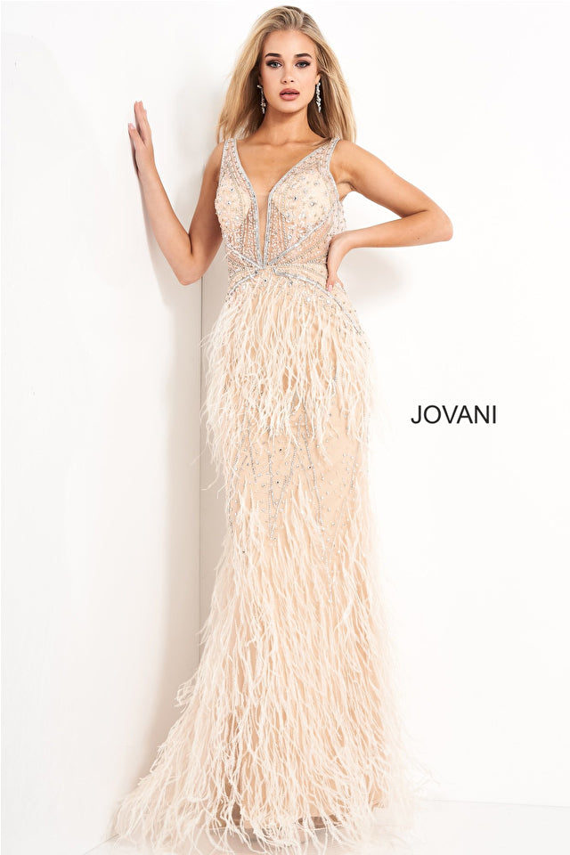 Beaded and Feathered Jovani Long Prom Dress - PromGirl Light Blue / 0 Beaded and Feathered Jovani Long Prom Dress - PromGirl Light Blue / 0
