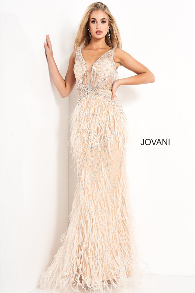 Jovani Sheer-Bodice Long Prom Dress with Feathers