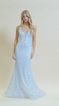Corset-Back Deep V-Neck Long Sequin Prom Dress