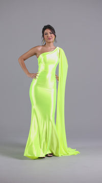 PromGirl One-Shoulder-Sash Neon Long Prom Dress