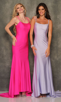 Two women stand side by side, smiling, in Open-Back Long Formal Prom Dresses by Dave & Johnny—one in bright pink, the other in light lavender—set against a gray textured background.