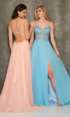 Two women in floor-length evening gowns stand side by side—one wears light pink with an open back, and the other is in a Sheer-Bodice Dave & Johnny Long Prom Dress in light blue with a sheer-lace bodice and thigh-high slit.
