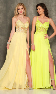 Two women pose against a gray textured background, wearing Sheer-Bodice Dave & Johnny Long Prom Dresses with lace bodices and thigh-high slits.