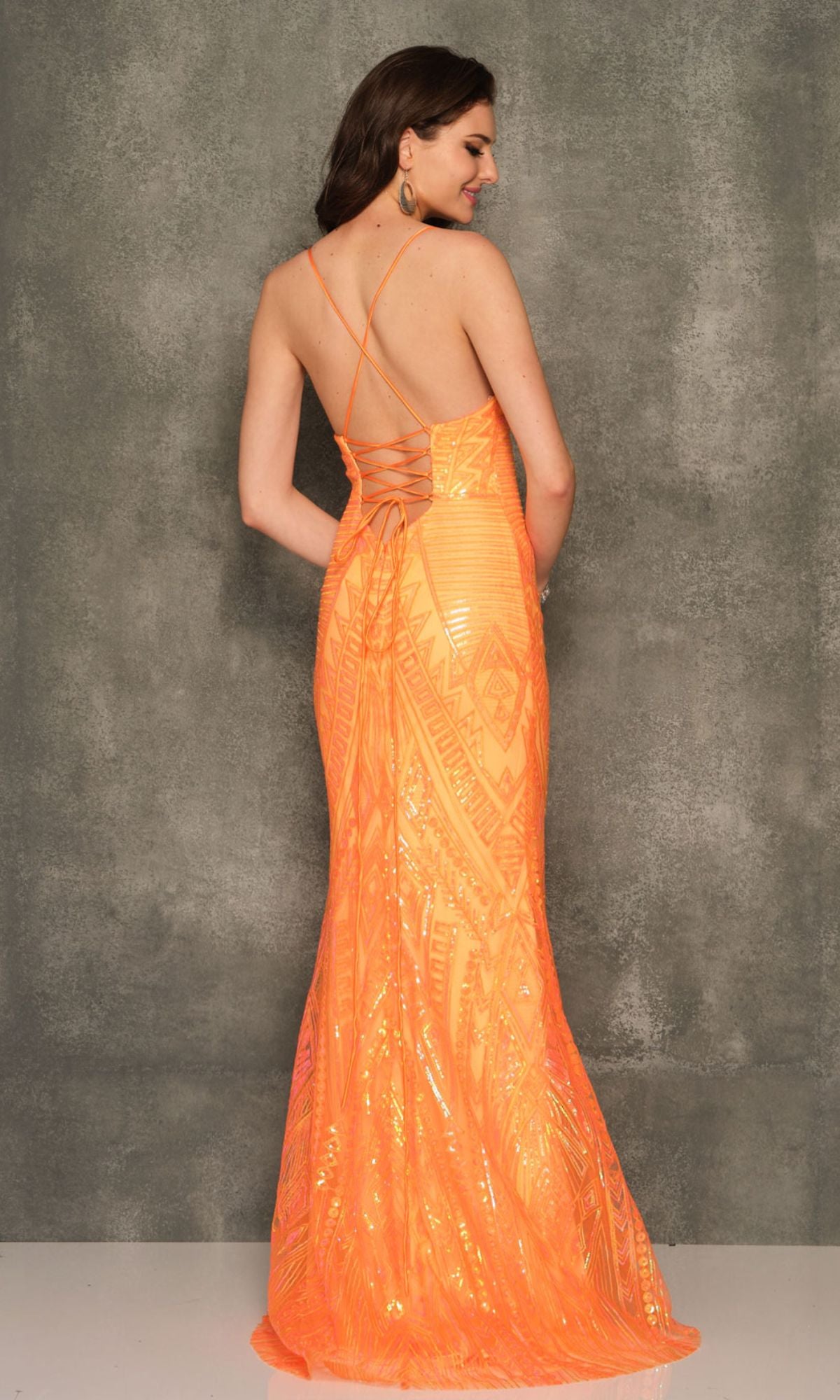 Dave & Johnny Long Orange Sequin Prom Dress