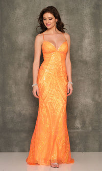 Dave & Johnny Long Orange Sequin Prom Dress
