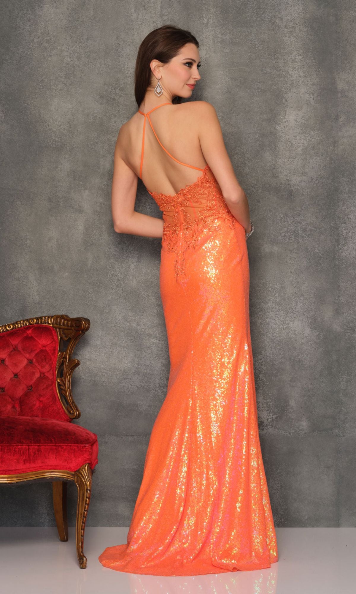 Dave & Johnny Sequin Long Orange Prom Dress