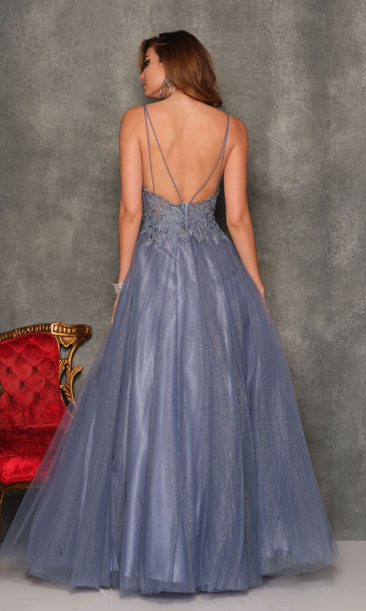 Dave & Johnny Smoke Blue Long Prom Ball Gown
