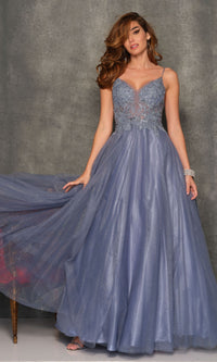 Dave & Johnny Smoke Blue Long Prom Ball Gown
