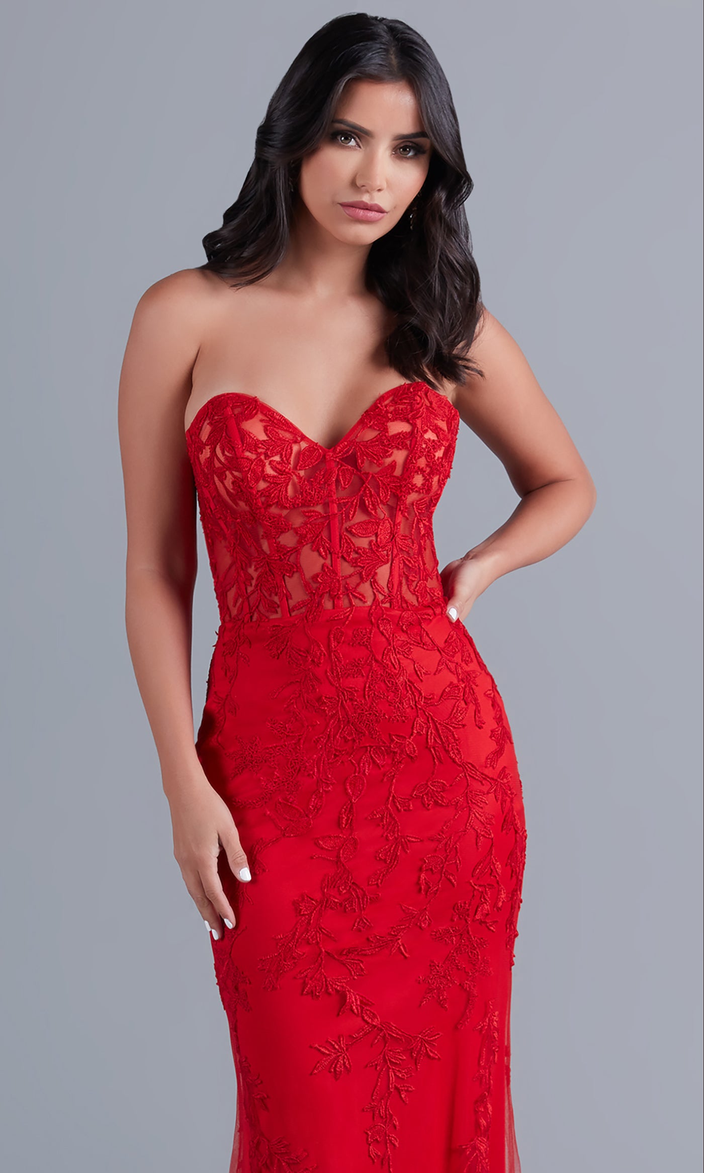 PromGirl Sheer-Bodice Long Strapless Prom Dress