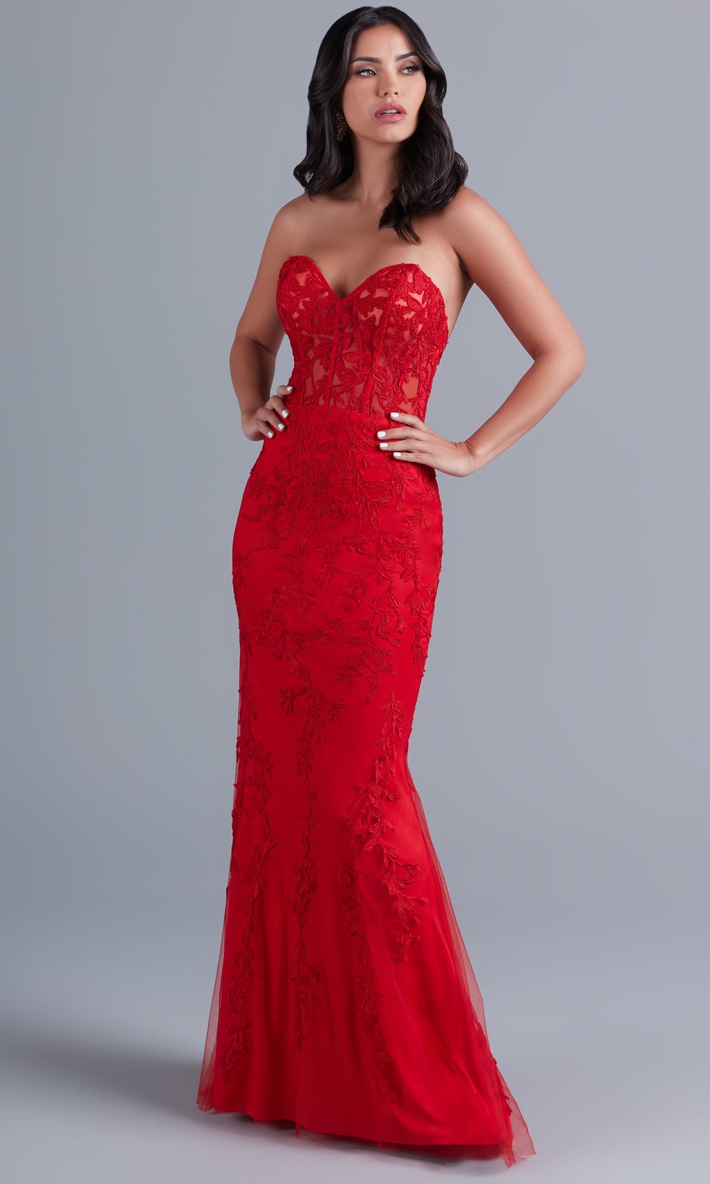 PromGirl Sheer-Bodice Long Strapless Prom Dress