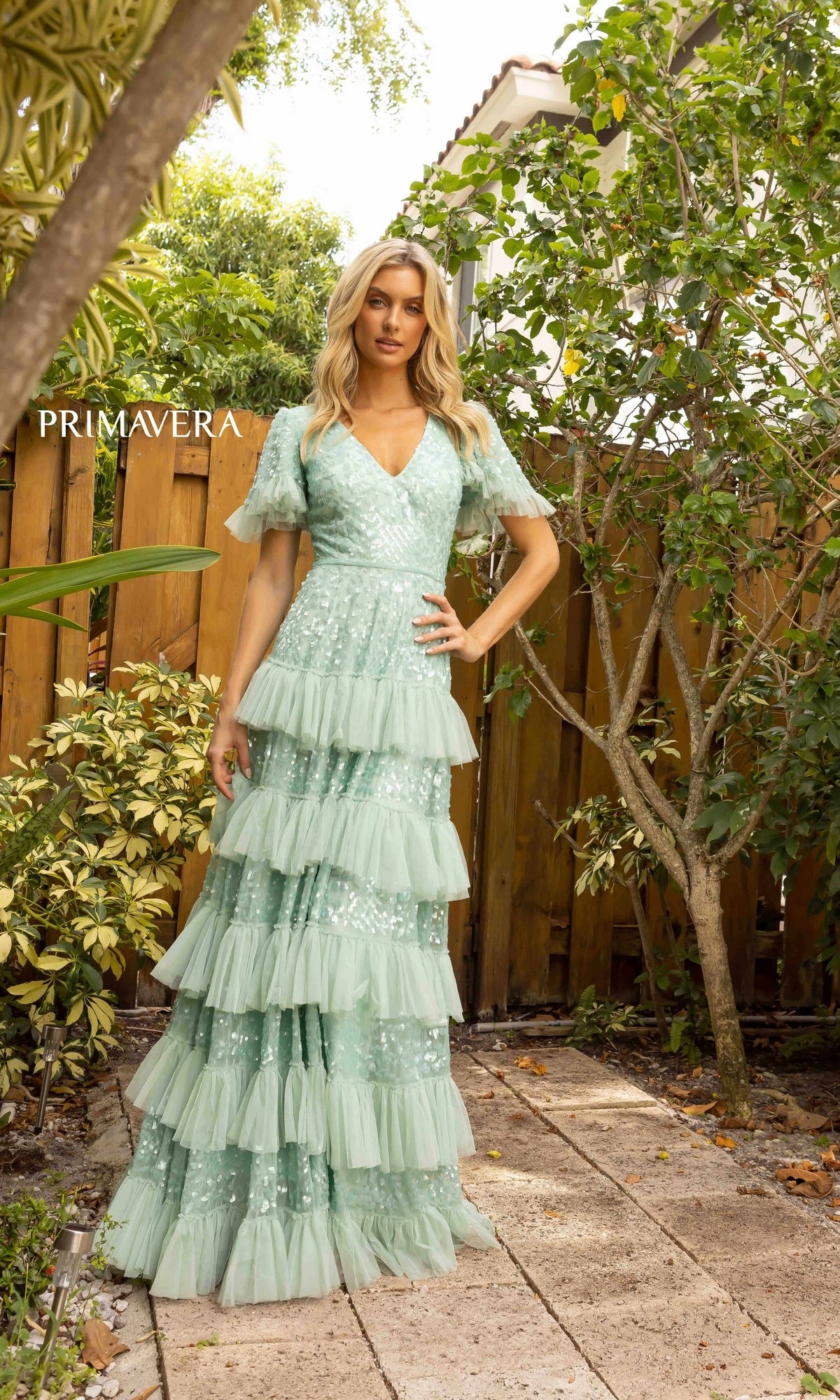 Short-Sleeve Long Ruffled Evening Gown 12017